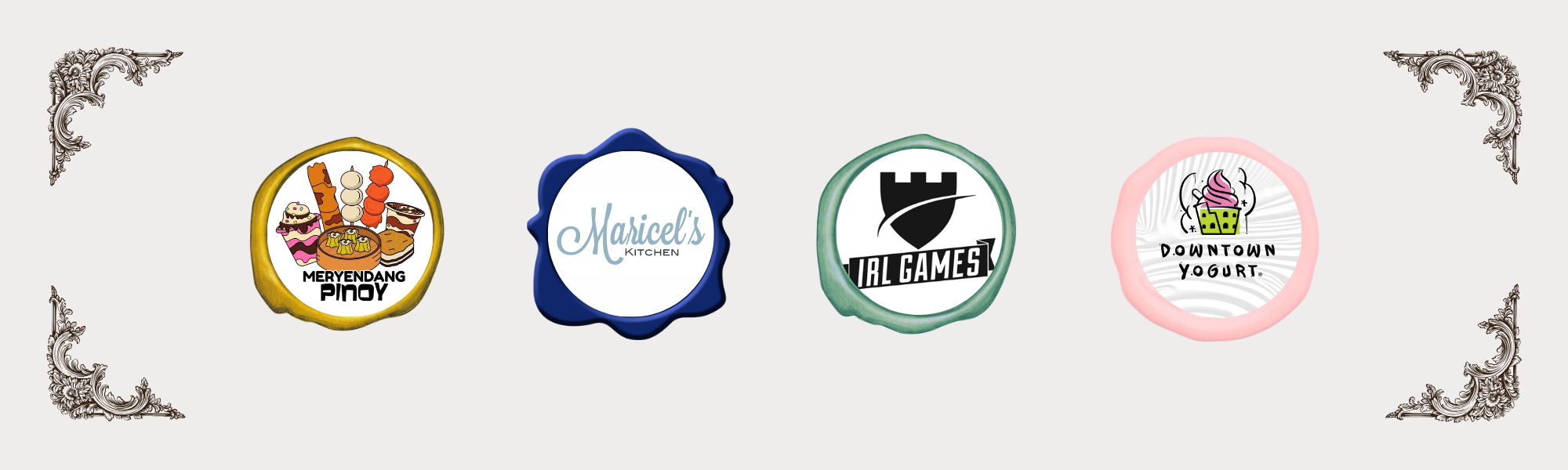 The logos of five small businesses around New Jersey in framed in wax seals: Meryendang Pinoy, Maricel's Kitchen, IRL Games, and Downtown Yogurt